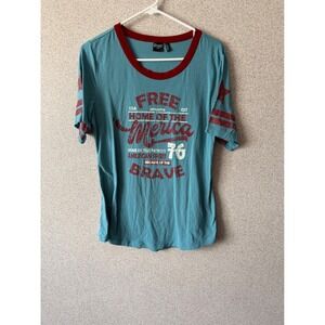 Cruel Denim Womens Teal Patriotic America 76 Ringer Graphic T-Shirt Large